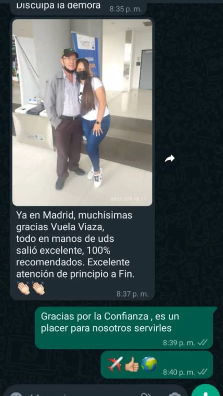 Mensaje de agradecimiento de un cliente de Viaza recién llegado a Madrid